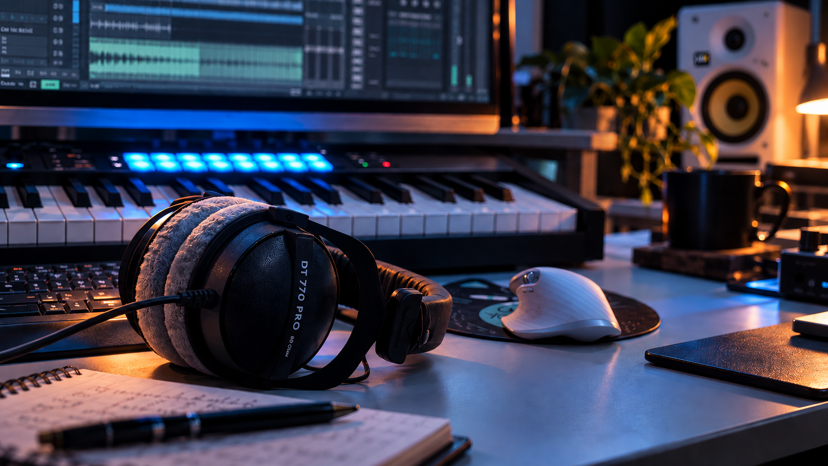 Audio production desk with headphones and MIDI keyboard