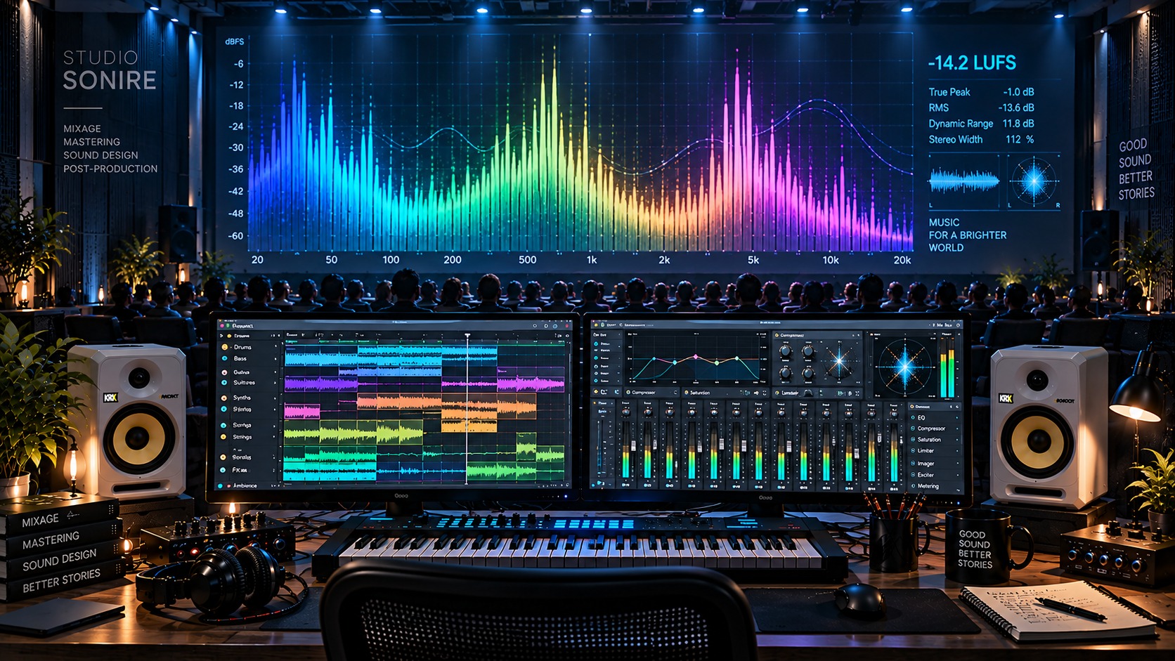 Audio mixing studio with spectral analyzer and production console