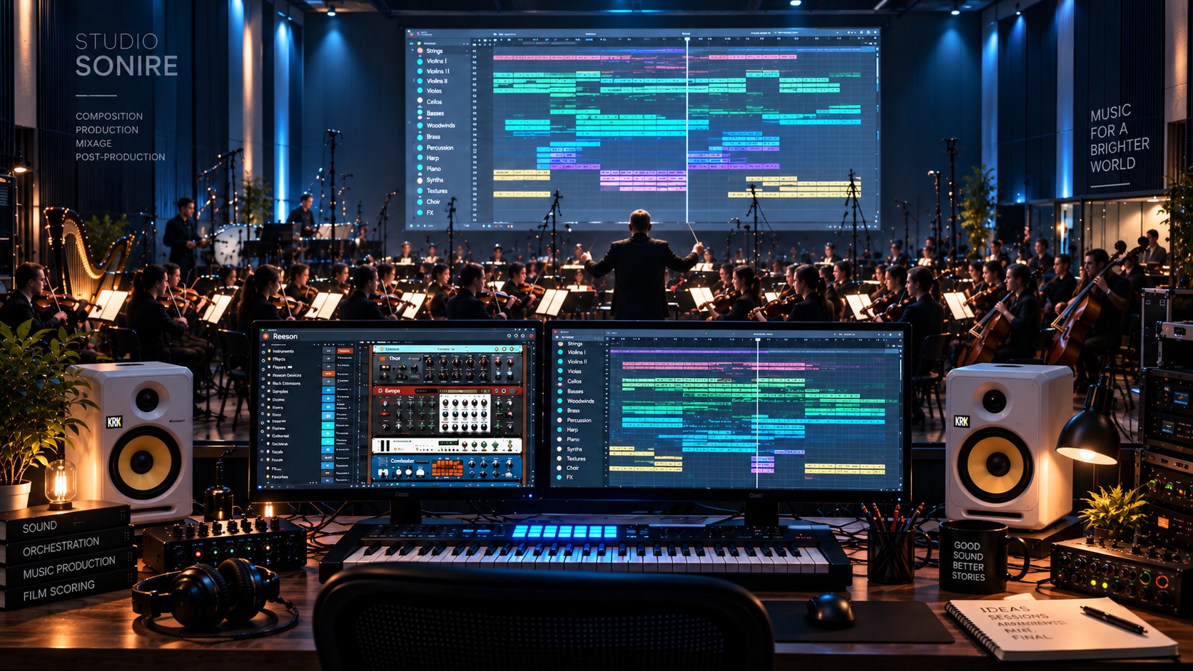 Music composition studio with orchestra and audio production workstation